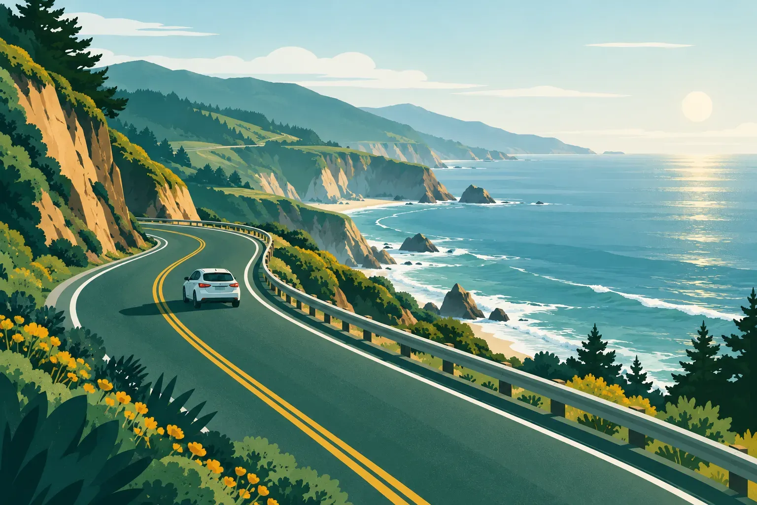 A coastal highway along cliffs above the Pacific Ocean, a typical landscape of California