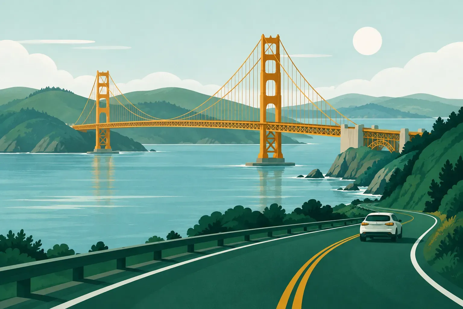 The Golden Gate Bridge over San Francisco Bay with hills behind, in California